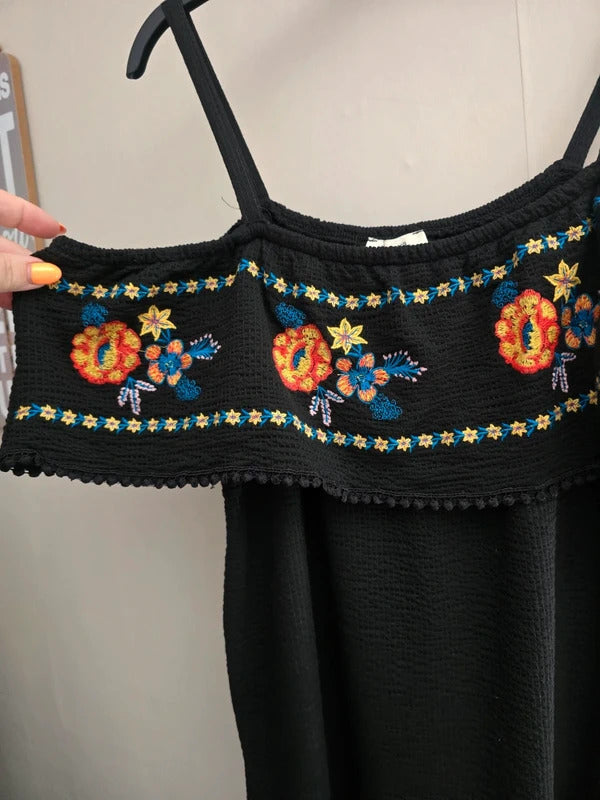 Matalan Black Floral Embroidered Off The Shoulder Bardot Top Size 12