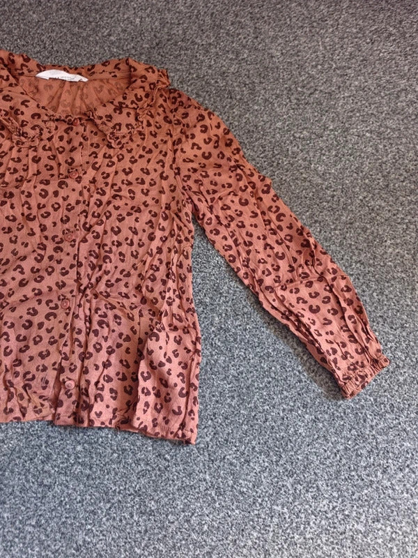 H&M Girls Brown Leopard Print Frill Collar Blouse – Age 6–7 Years
