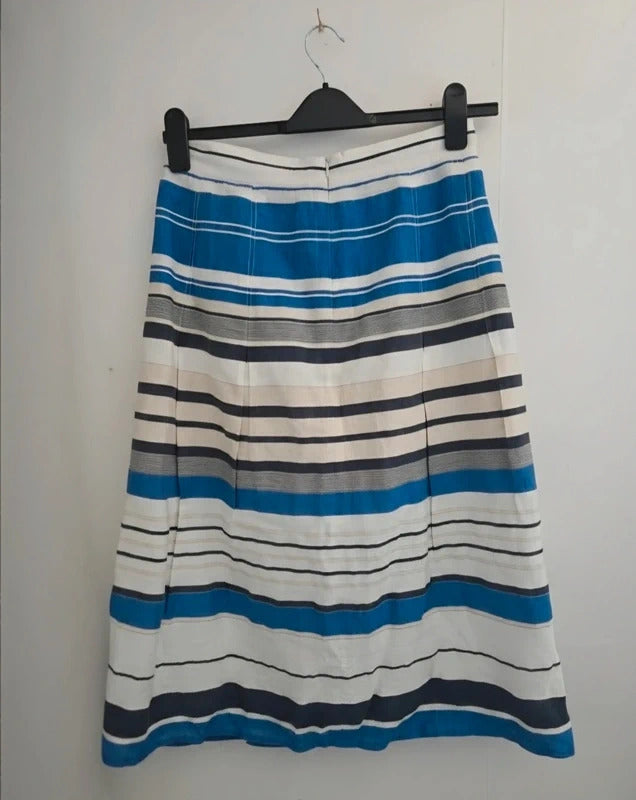Country Casuals Navy Blue & White Striped Linen Blend Midi Skirt Size 10