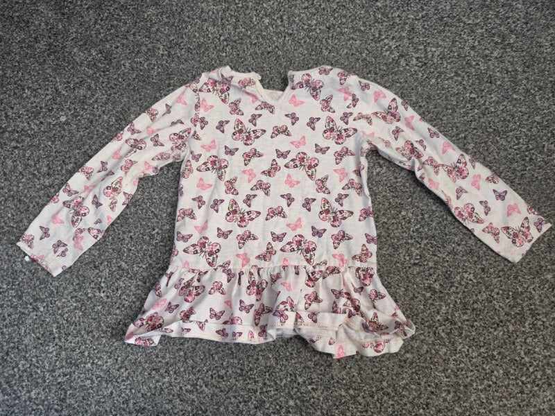 Primark Baby Girls White & Pink Butterfly Print Frill Hem Long Sleeve Top Age 18-24 Months