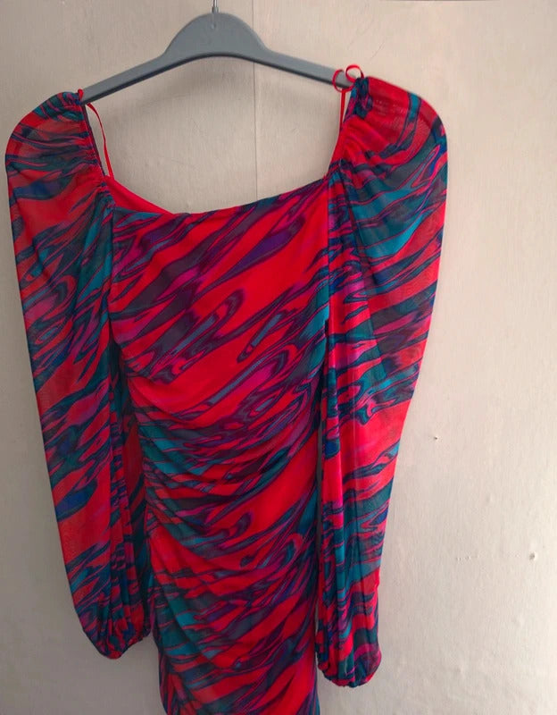 Quiz Red Multicoloured Abstract Print Ruched Mini Dress Size 6 Party Dress