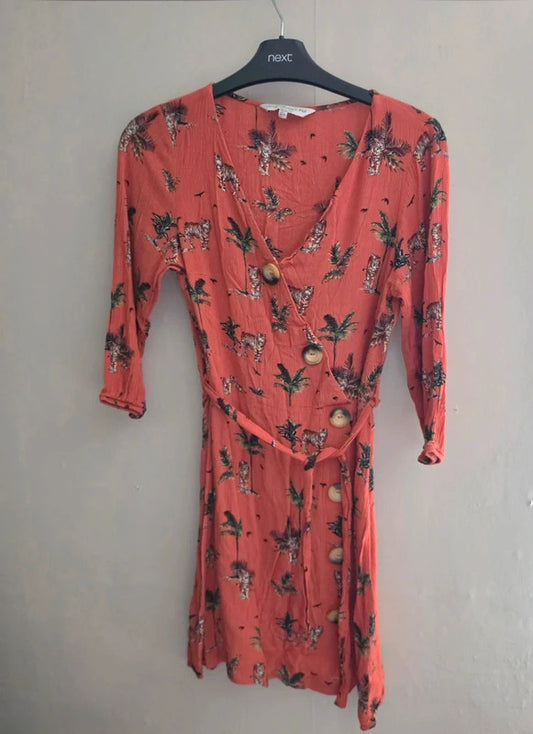 F&F Orange Tiger Print 3/4 Sleeve Button Front Belted Mini Dress Size 6