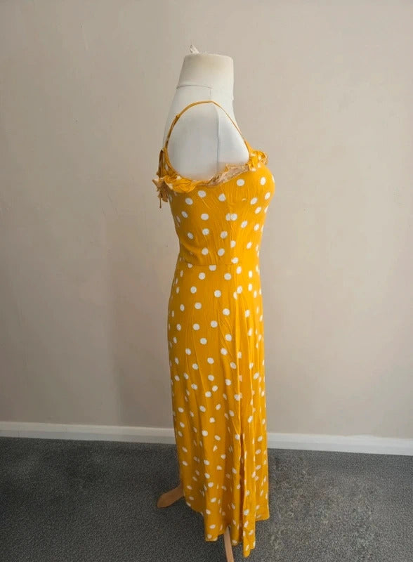 Warehouse Mustard Yellow & White Polka Dot Tie-Back Midi Dress Size 10