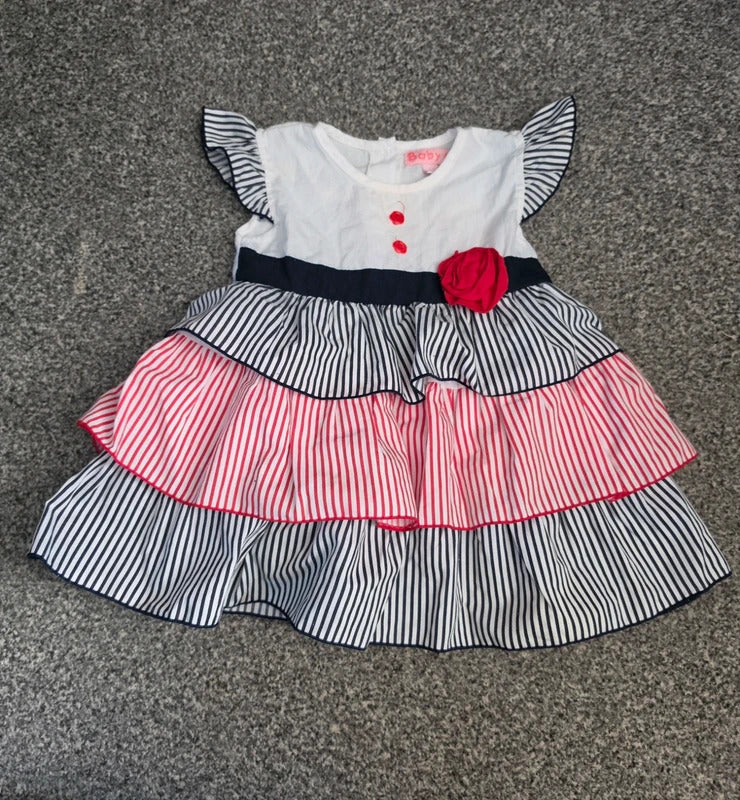 Baby C Girls Black White & Red Striped Tiered Raffle Sleeve Dress Age 18-24 Months