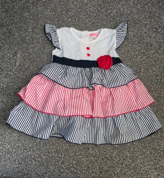 Baby C Girls Black White & Red Striped Tiered Raffle Sleeve Dress Age 18-24 Months