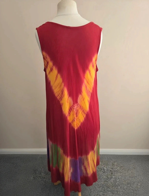 Red & Yellow Tie-Dye Embroidered Asymmetrical Midi Dress One Size