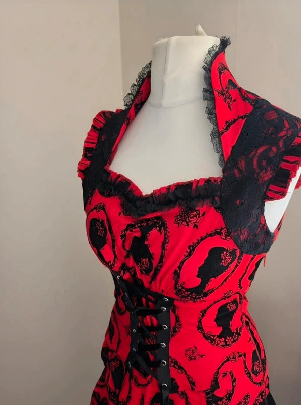 Jawbreaker Red & Black Gothic Cameo Silhouette Midi Dress Punk