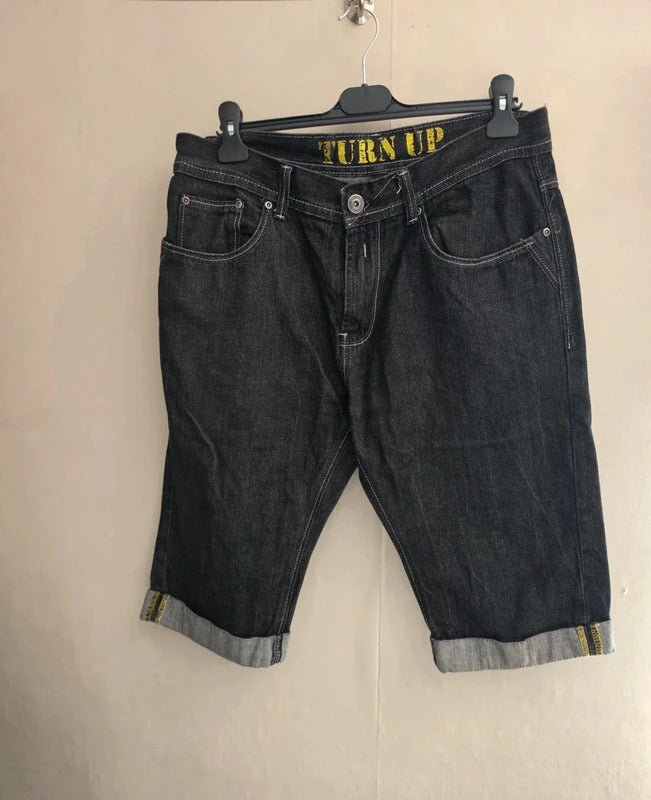 Primark Men's Black Denim Turn-Up Knee-Length Shorts Waist 34"