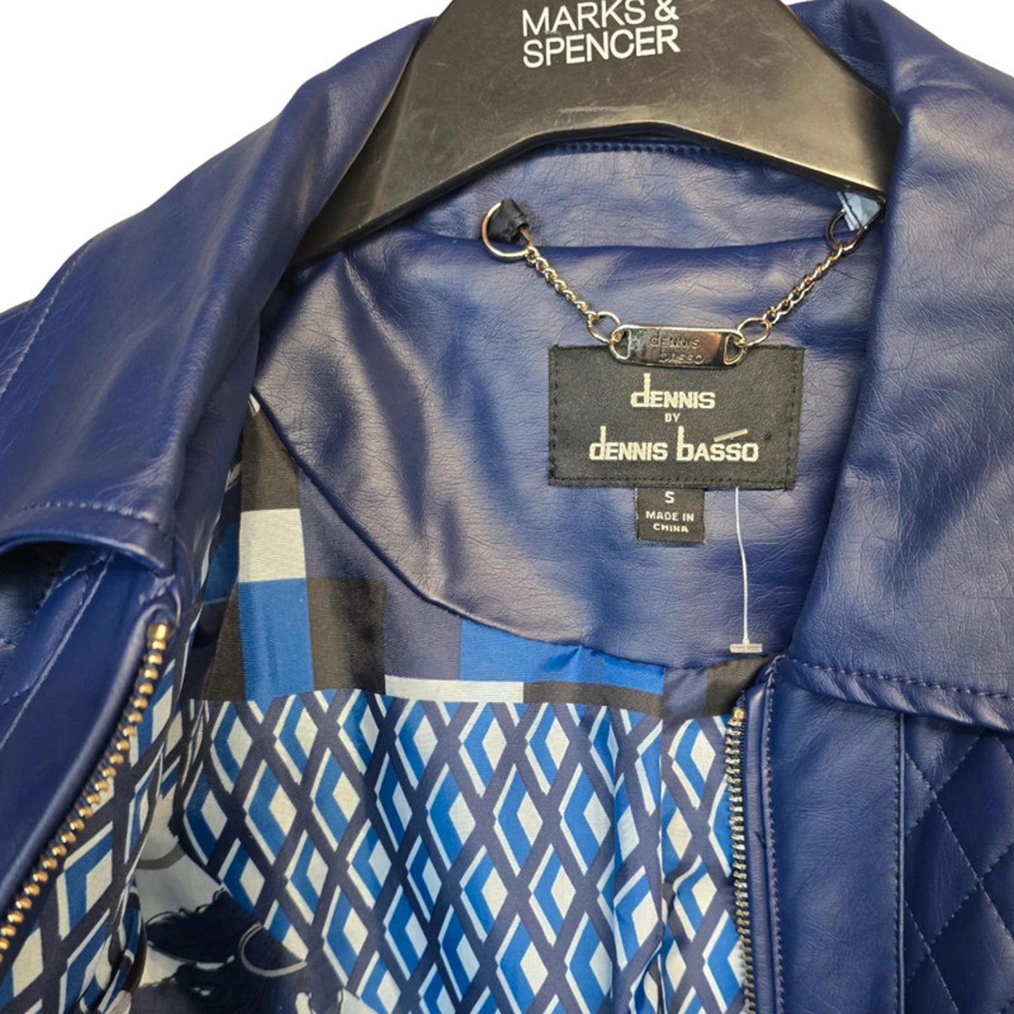 Dennis Basso Quilted Faux Leather Jacket Blue Size 8/10 Mid Length Zip Up