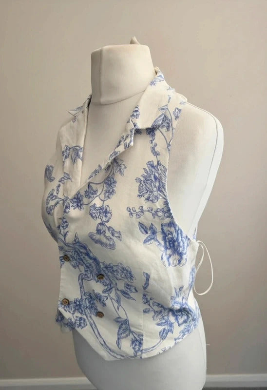 Mango Blue & White Floral Halterneck Collared Top NWT M Size 10