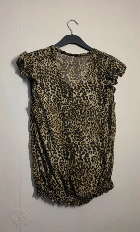 Primark Beige & Black Leopard Print Sheer Ruffle Blouse – Size 12 