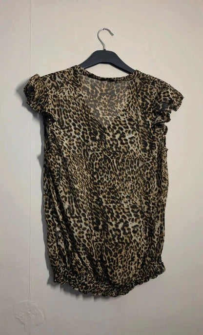 Primark Beige & Black Leopard Print Sheer Ruffle Blouse – Size 12 