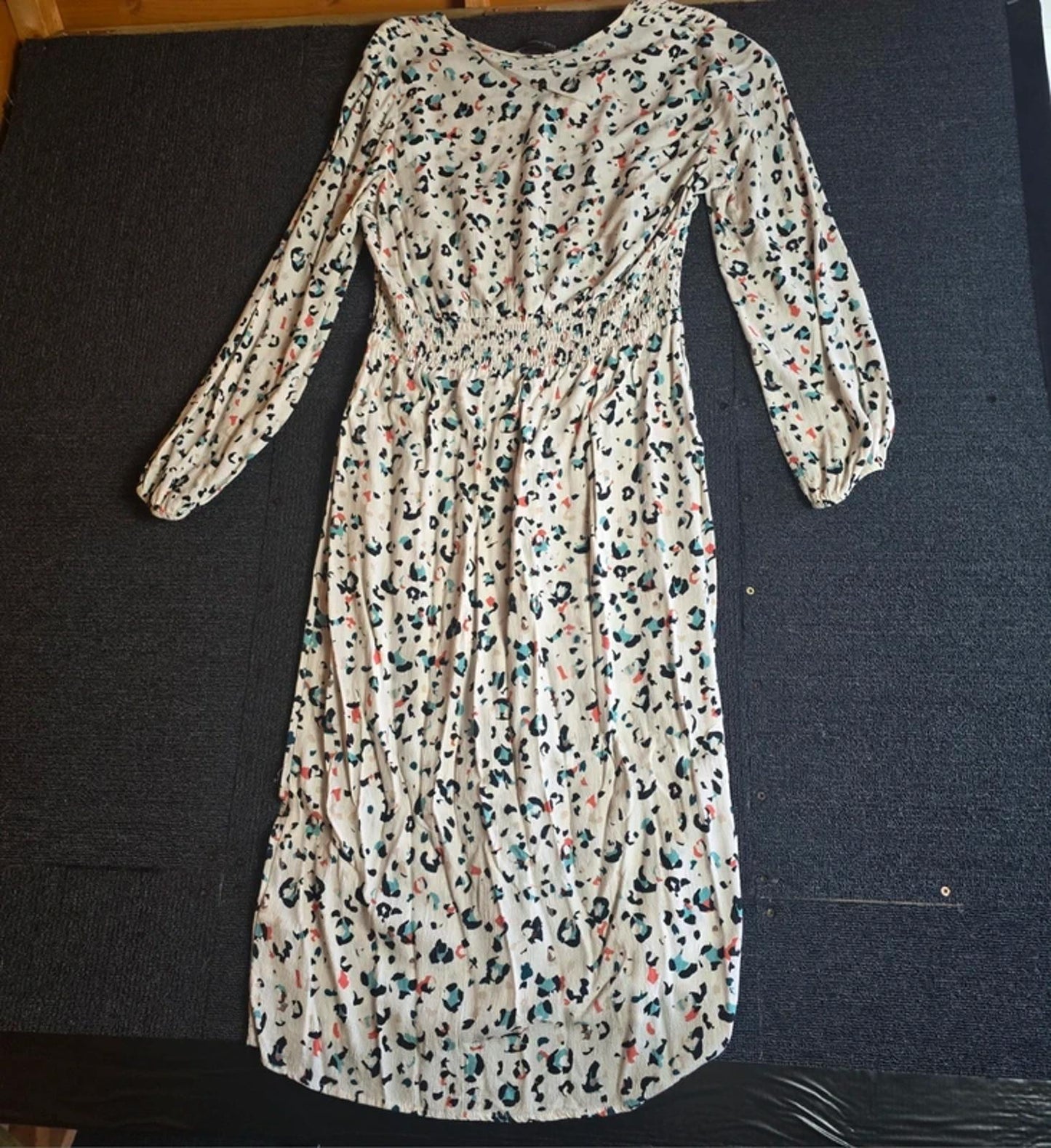 M&S Animal Print Midi Dress White Multicolour UK 12 Elasticated Waist