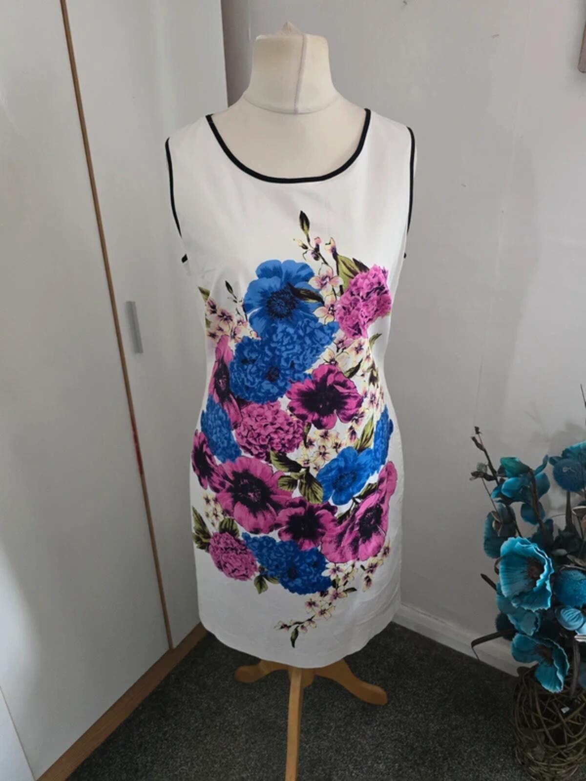 Debenhams Floral A-Line Dress Size 14 White Cotton Knee Midi Sleeveless