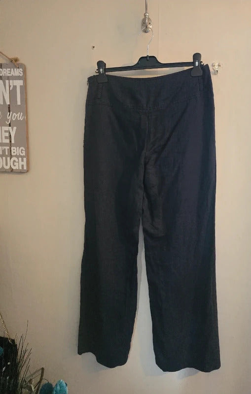 Solar Navy Blue High Waisted Flared 100% Linen Trousers Size UK 12 / EU 40
