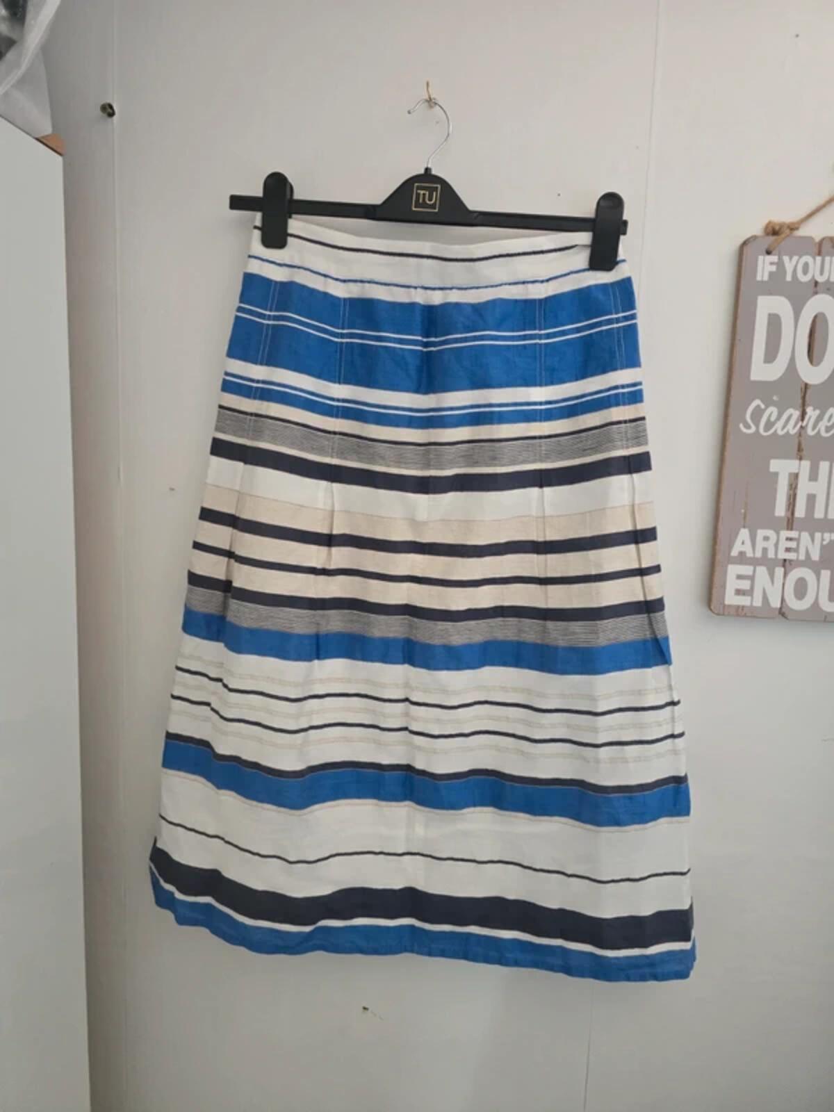 Country Casuals Navy Blue & White Striped Linen Blend Midi Skirt Size 10