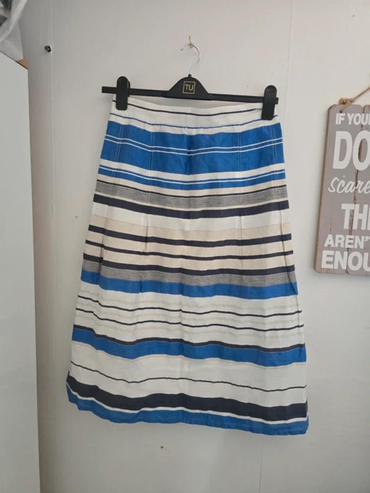 Country Casuals Navy Blue & White Striped Linen Blend Midi Skirt Size 10