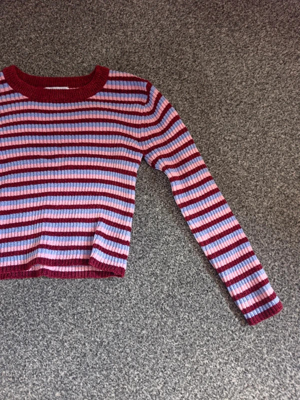 Primark Girls Pink, Burgundy & Blue Striped Ribbed Jumper – 5–6 Years