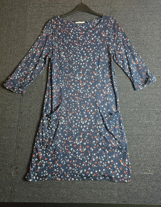 WoolOvers Navy Floral Knee Length Dress XS Size 6-8 Pockets Everyday