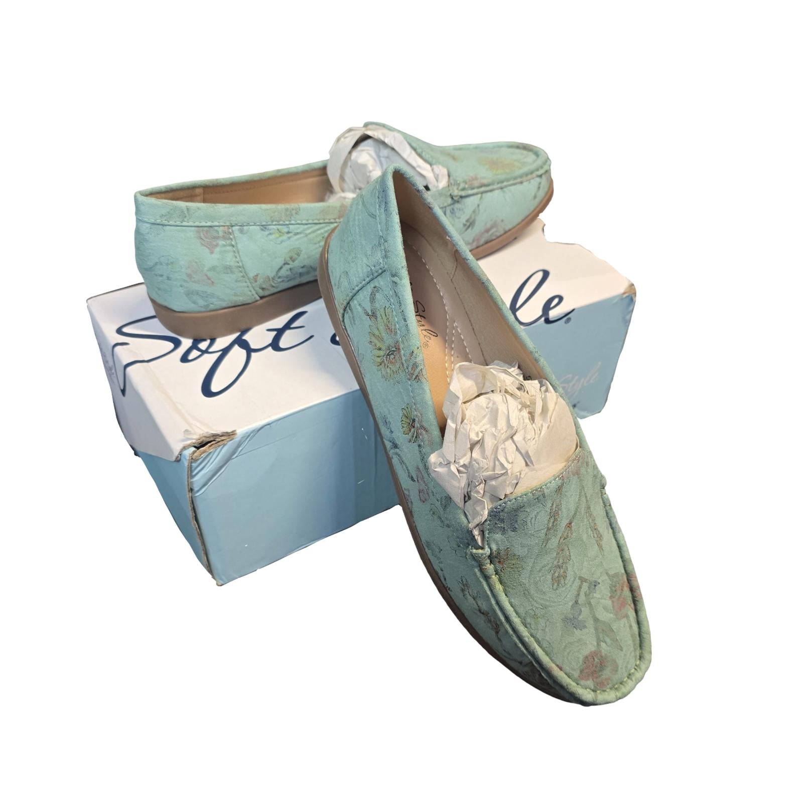 Hush Puppies Soft Style Loafers Aqua Green Size 7 'Kinsey' Floral New In Box