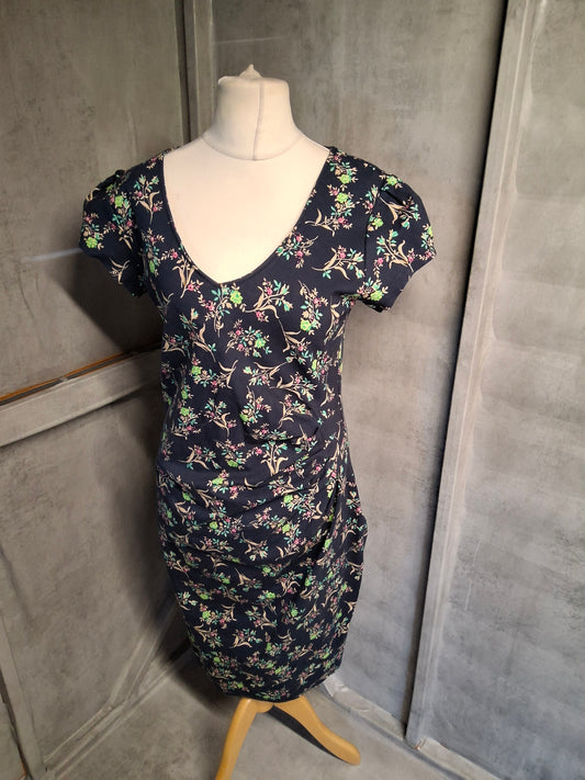 Tallgirls Navy Floral Ruched A-Line Midi Dress – Size 16 – Flattering Fit