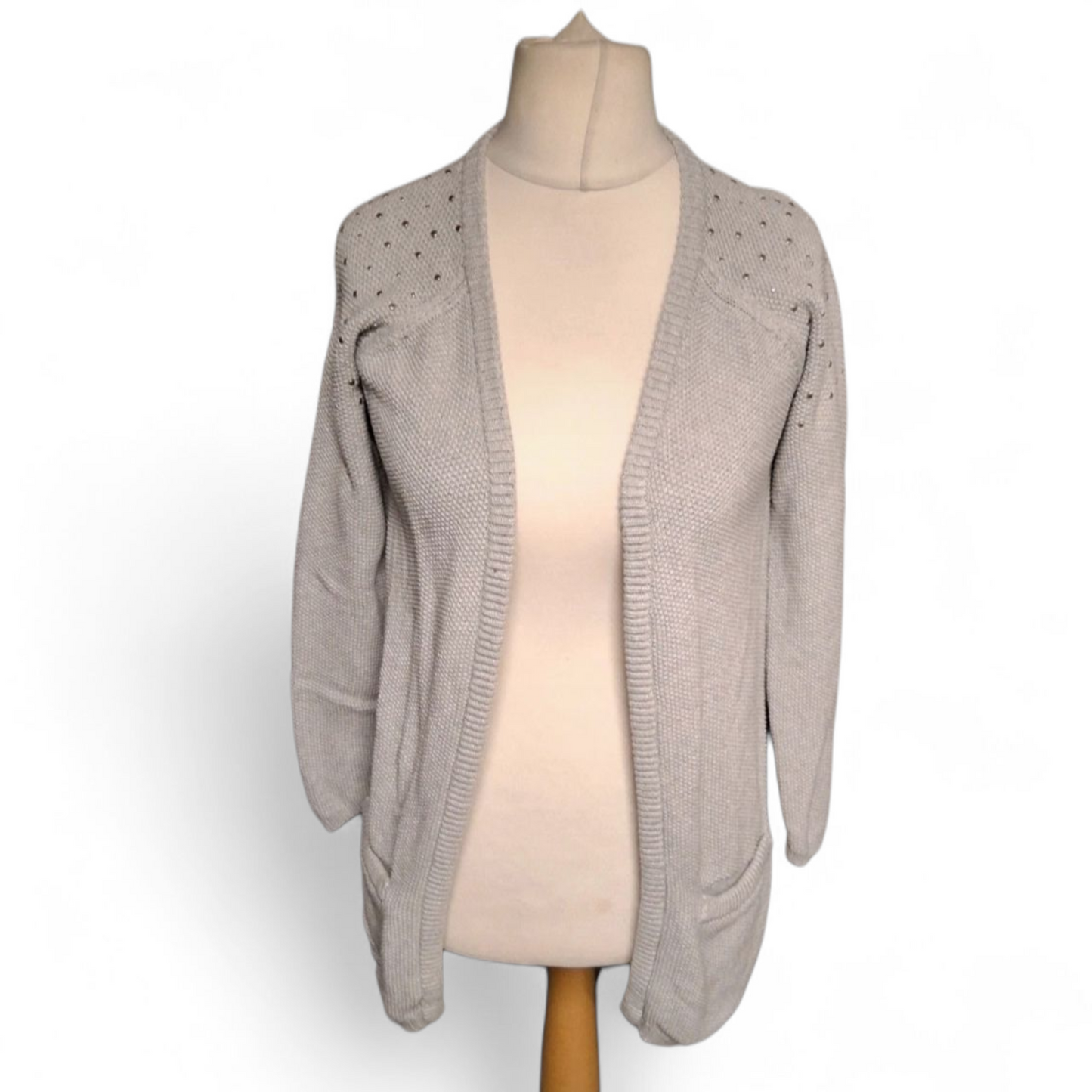 Fransa Grey Stud Shoulder Open Knit Cardigan – Size S (UK size 8/10)