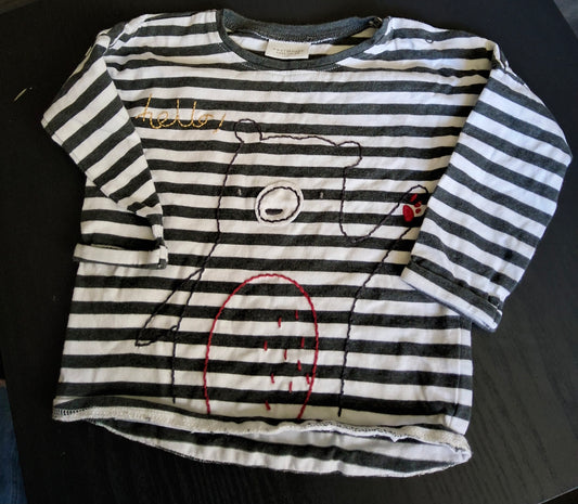 Next Black & White Striped Bear T-Shirt – Boys 6–9 Months – 100% Cotton