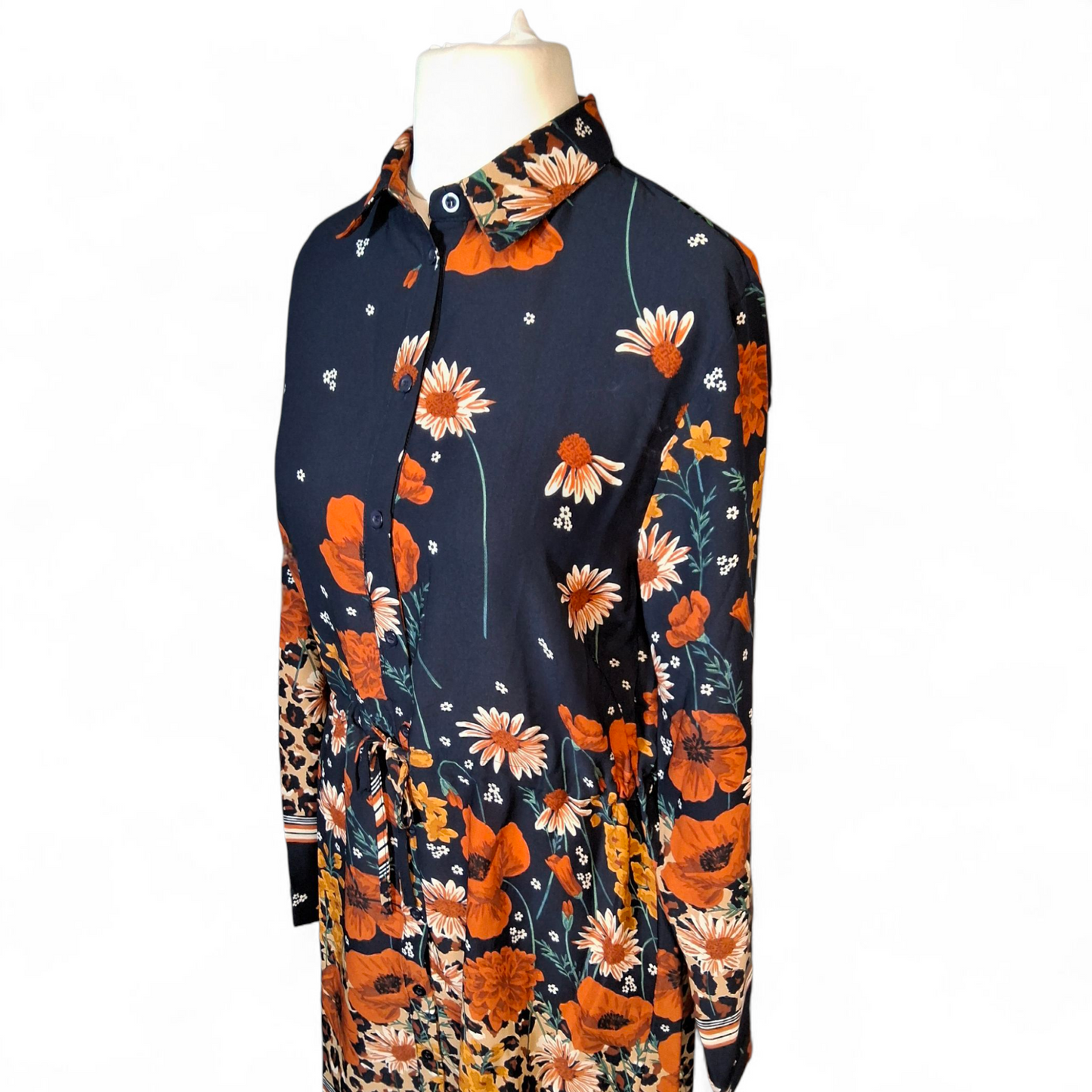 Brave Soul Navy & Orange Floral Leopard Print Shirt Dress – Size M (UK size 10/12)