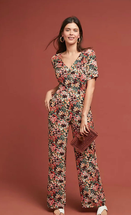 Anthropologie Kachel Floral Jumpsuit – Wide Leg Viscose Boho Style