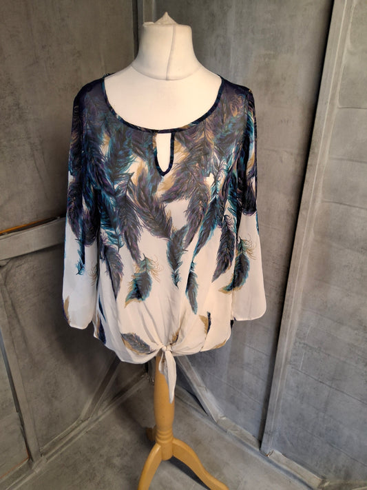 Wallis Purple, Blue & White Feather Print Sheer Tie-Front Blouse – Size 10 Petite