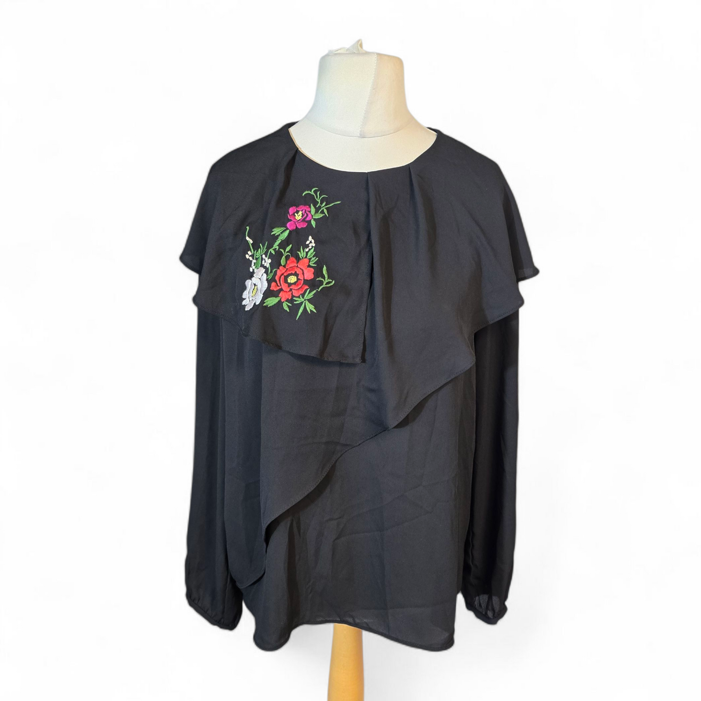 Zara Black Layered Floral Blouse – Size L (UK size 14) – Long Sleeve
