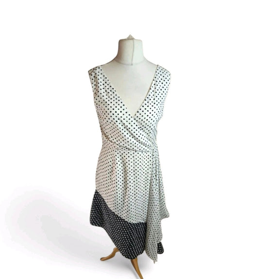 Lavish Alice Black & White Polka Dot Midi Dress – Size 12, Sleeveless, V-Neck, Asymmetrical Hem