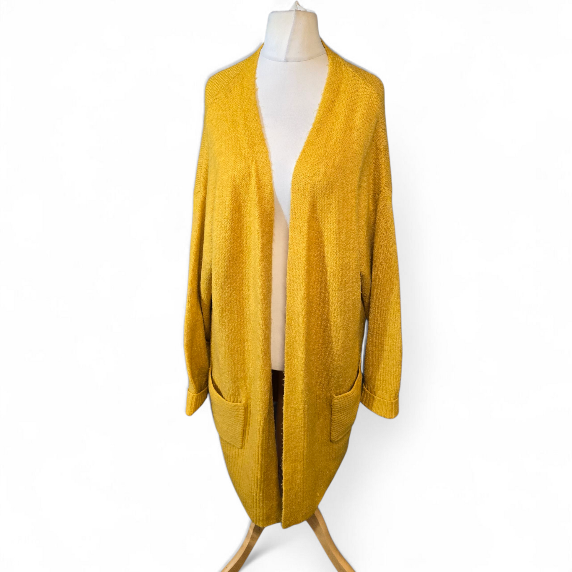 F&F Mustard Yellow Midi Cardigan – Size 20 – Open Front with Pockets