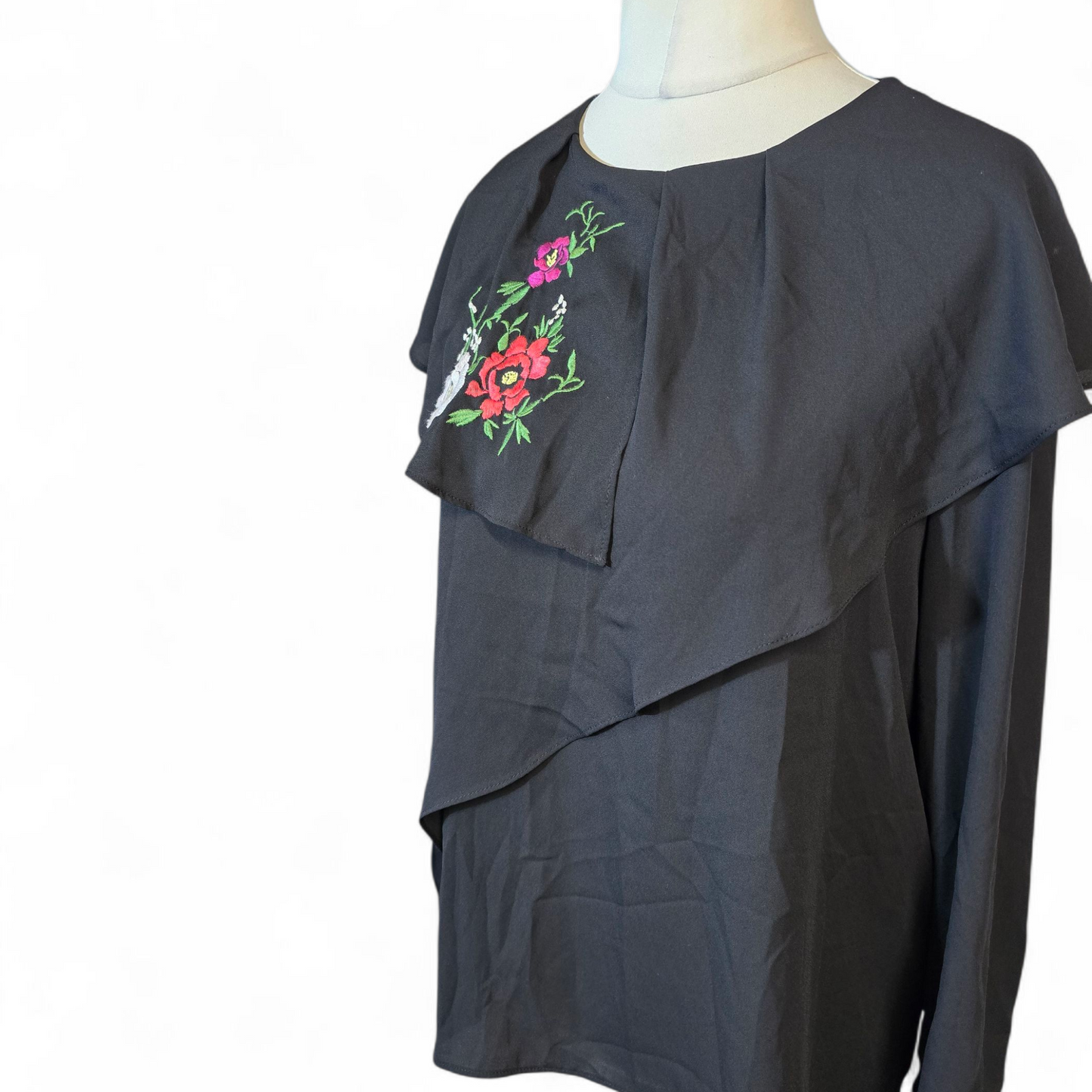 Zara Black Layered Floral Blouse – Size L (UK size 14) – Long Sleeve
