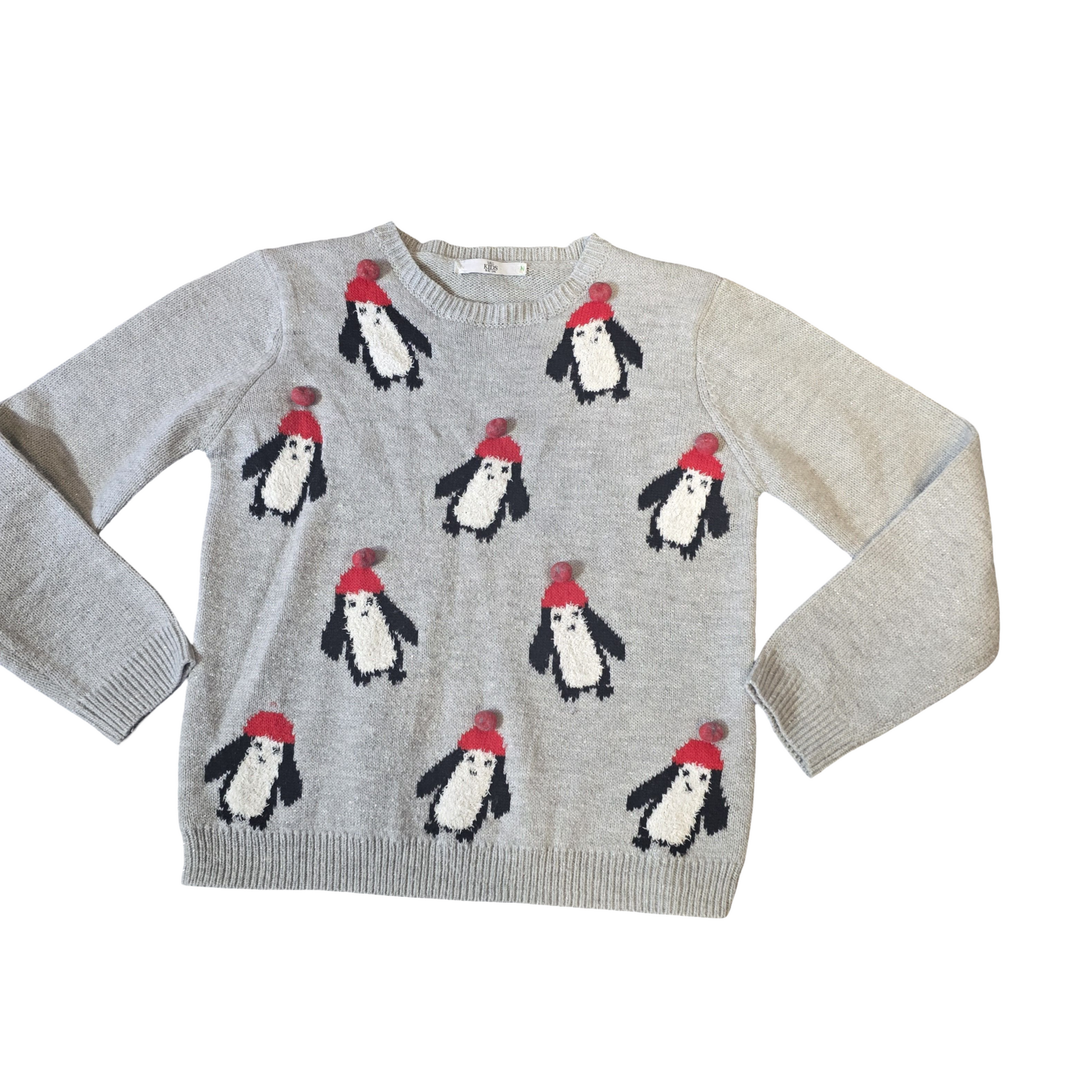 M&S Grey Girls Christmas Jumper – 11/12yrs – Penguin Pom Pom Knit Festive Sweater