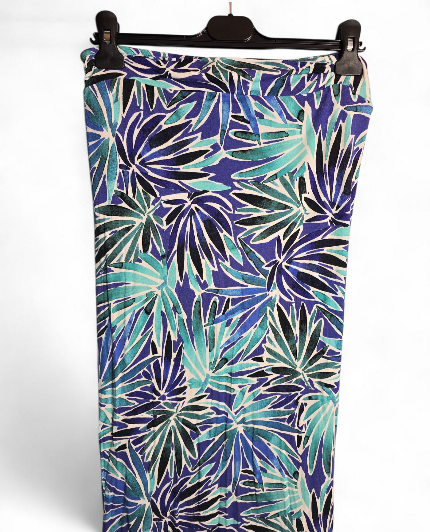 Antibes Blanc Green, Blue & Black Floral Bodycon Wrap Maxi Skirt Size M (Fits 10/12) – Elasticated Waist, Slit Front