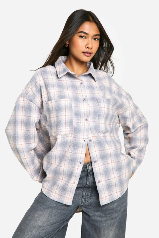 Boohoo Grey & Orange Checked Oversized Shirt – Size 14 – NWT