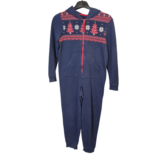 M&S Navy & Red Christmas Onesie – Kids 9–10 Years – Hooded Zip-Up