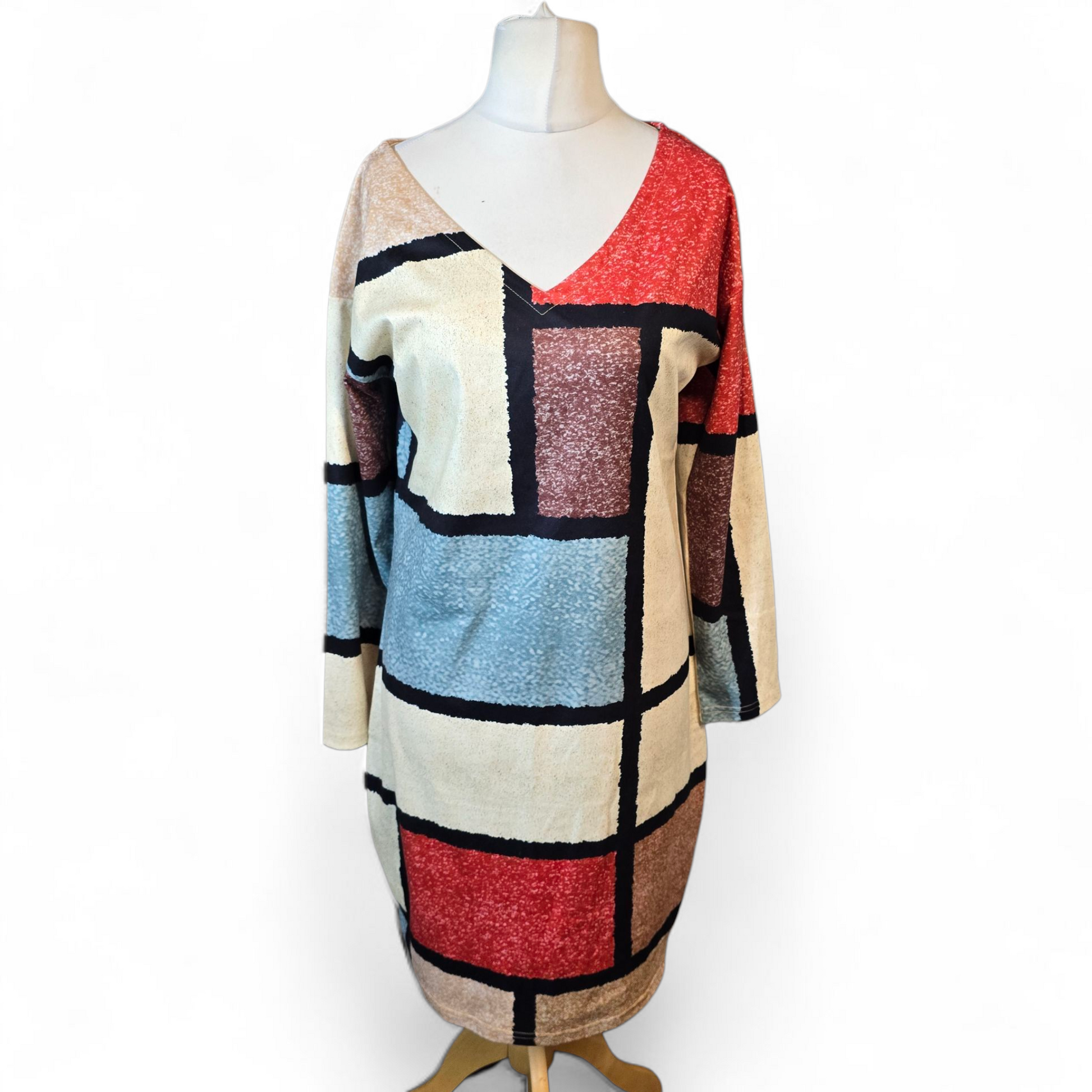 Maria & Gabriele Multicoloured Patchwork V-Neck Dress – Size M (14/16) – NWT
