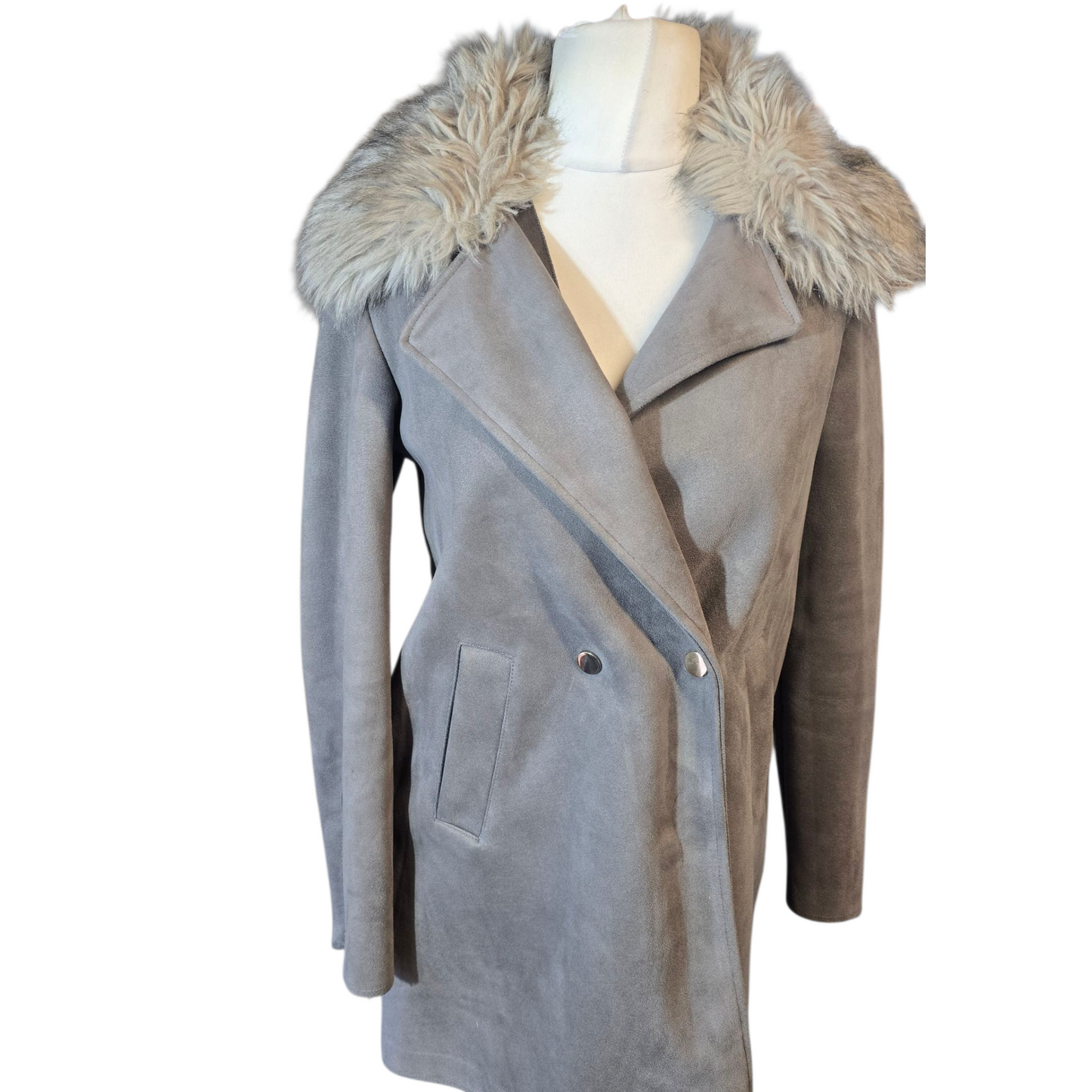 River Island Grey Suedette Coat – Size 10 – Faux Fur Collar Wrap Style Oversized