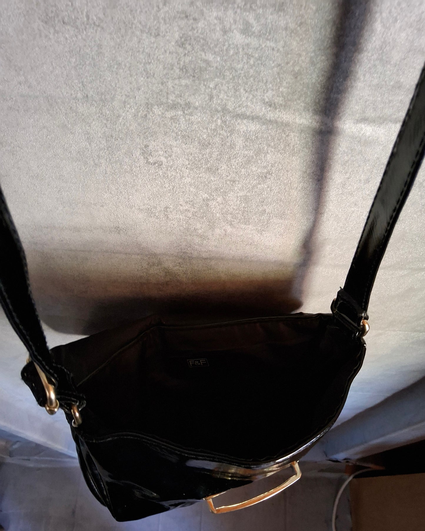 F&F Black Patent Crossbody Bag – Adjustable Strap & Clasp Shut