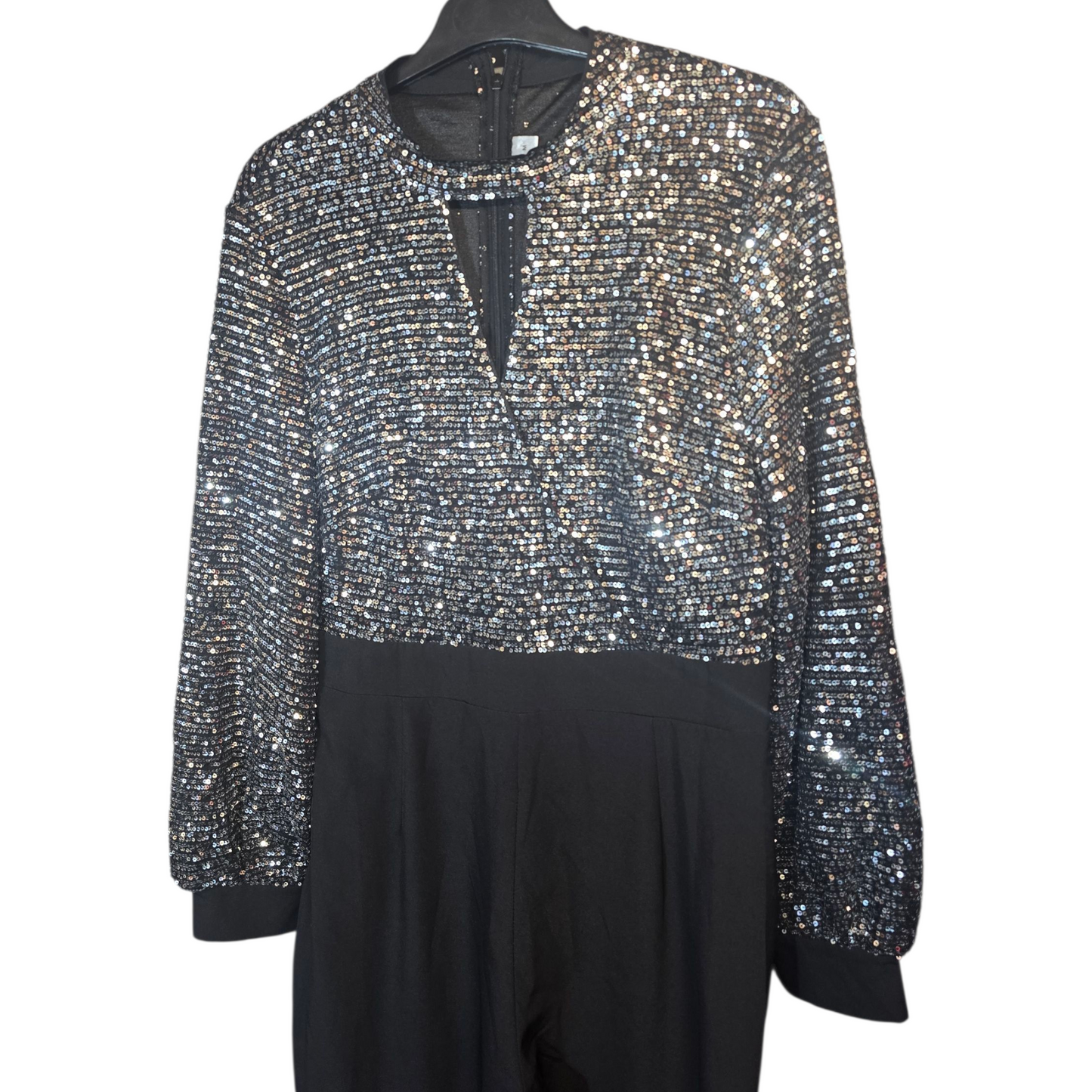 Silver Sequin & Black Long Sleeve Jumpsuit – Size M (size 10/12) – Choker Neck & Flared Leg
