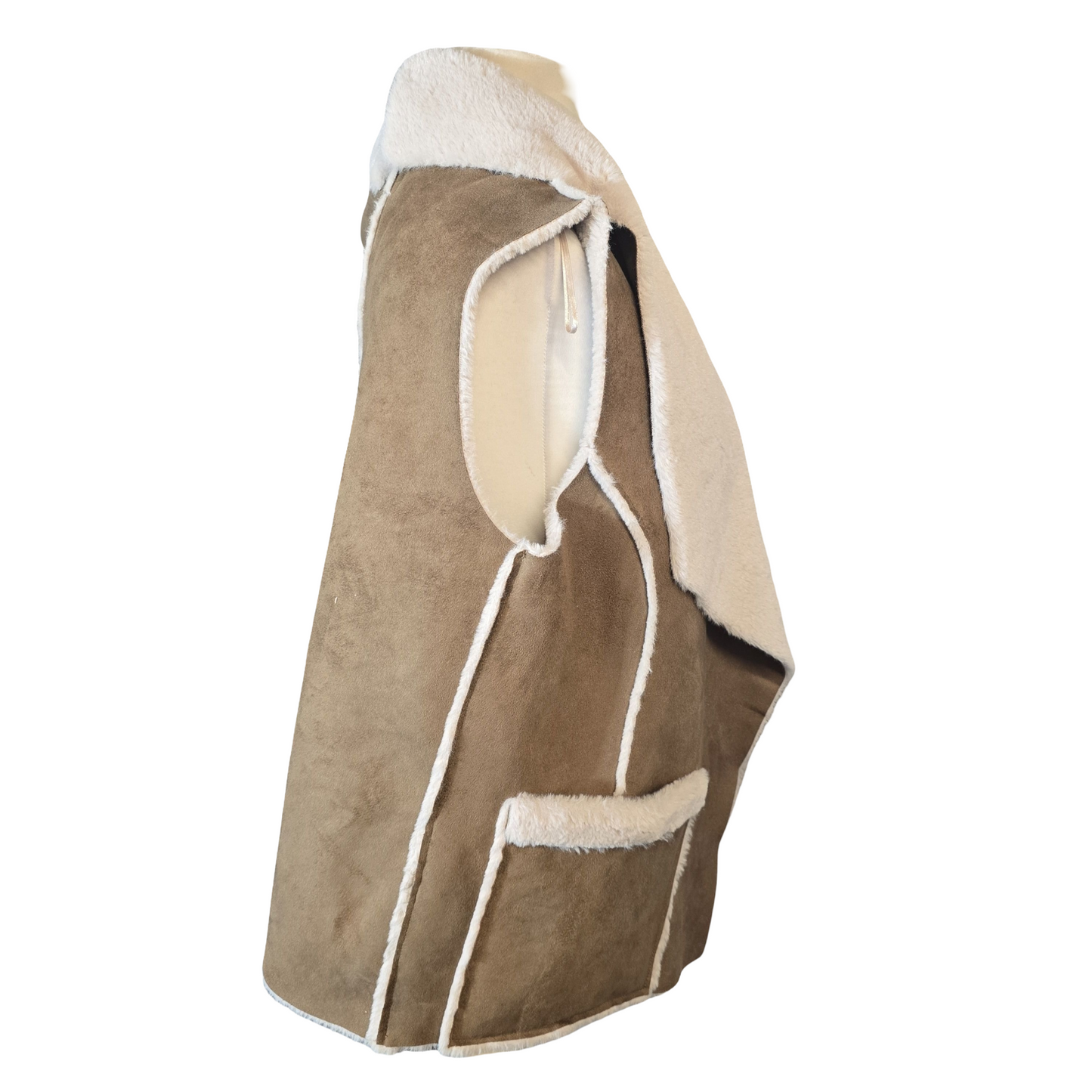 Primark Brown & Cream Fleece-Lined Sleeveless Gilet – Size 6 (Oversized Fit to 8)