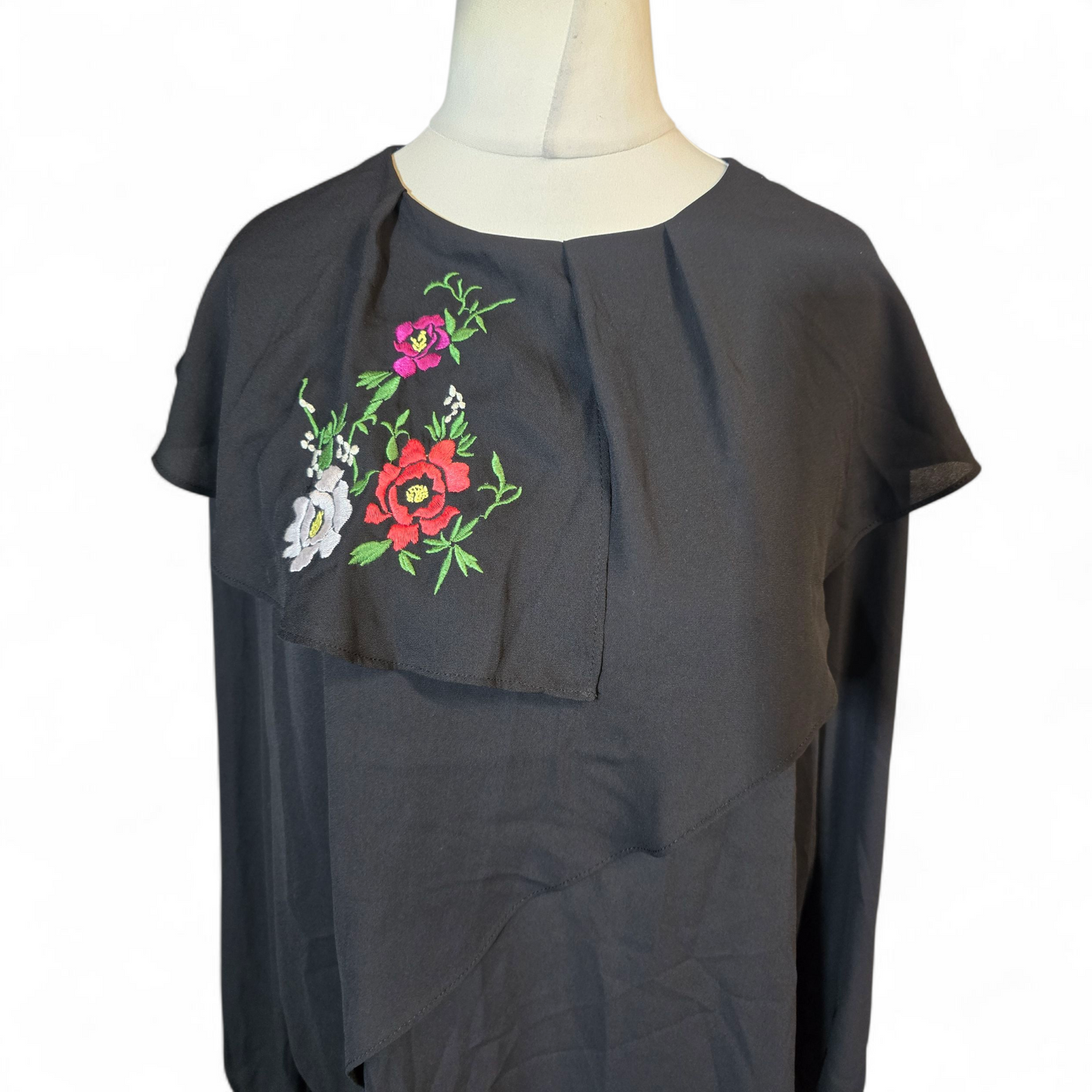 Zara Black Layered Floral Blouse – Size L (UK size 14) – Long Sleeve