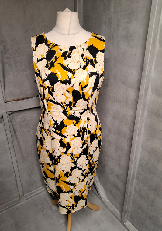 F&F Yellow & Black Floral Cotton Midi Dress – Size 16 – NWT