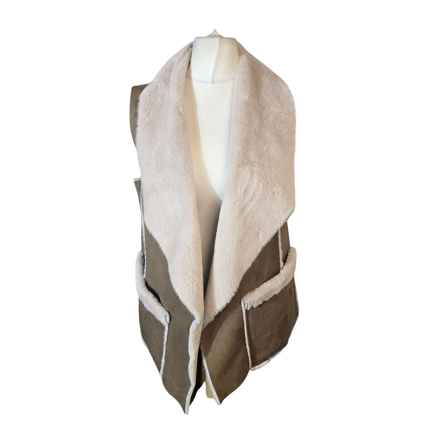 Primark Brown & Cream Fleece-Lined Sleeveless Gilet – Size 6 (Oversized Fit to 8)