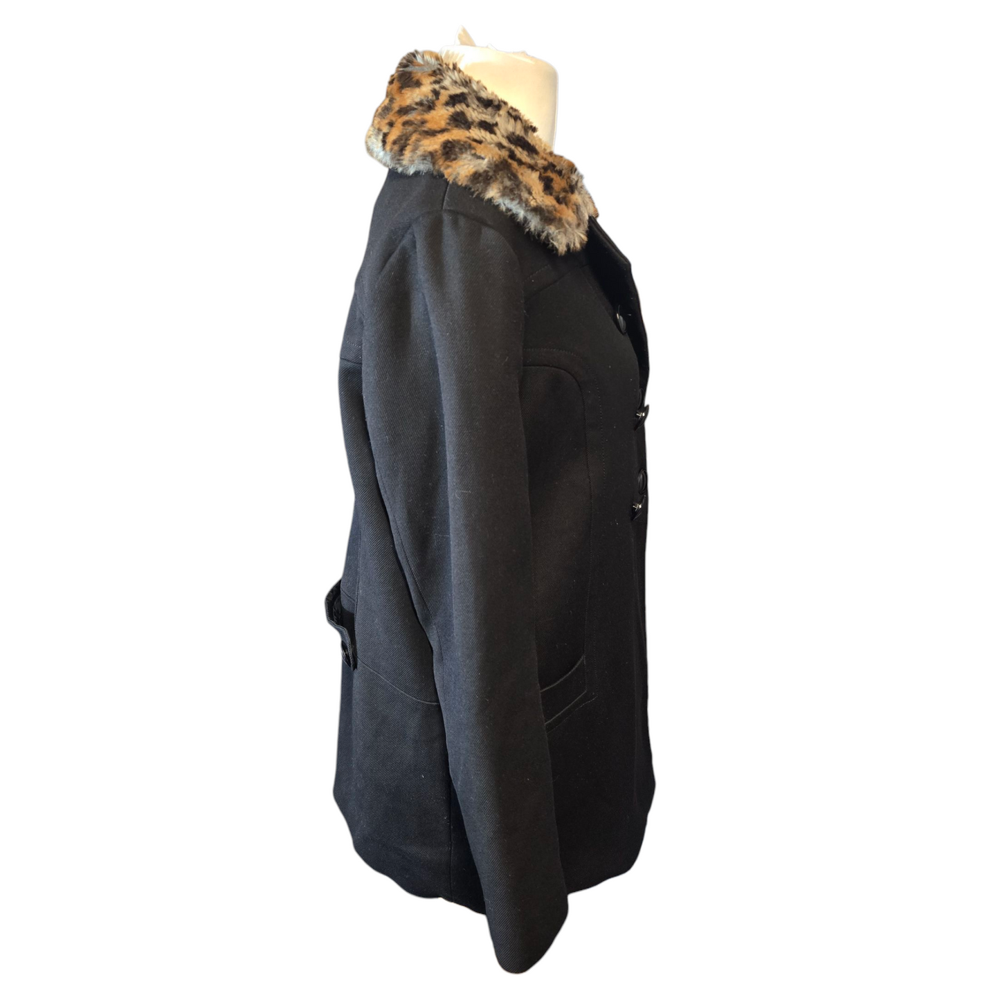 Next Black Midi Coat – Size 14 – Detachable Leopard Faux Fur Collar & Button Up