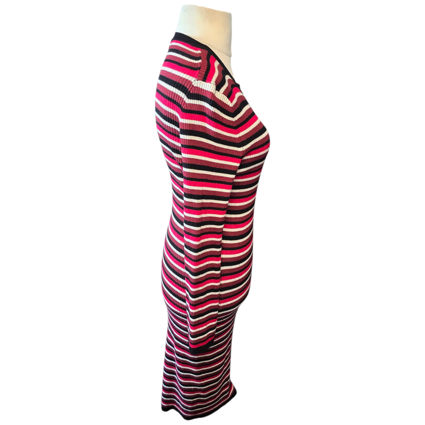 Primark Red, Black, White & Brown Striped Midi Bodycon Jumper Dress – Size M (size 10/12)