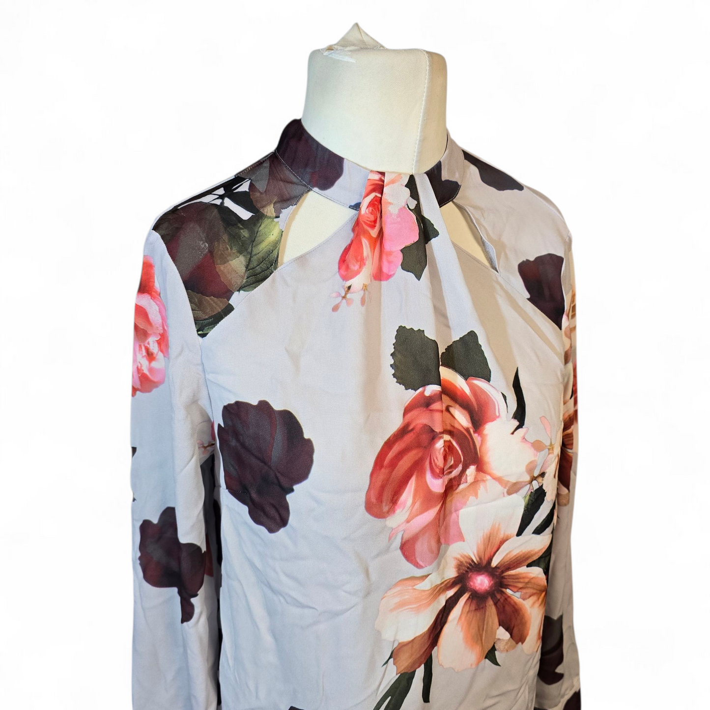 Dorothy Perkins Grey & Multicoloured Floral High Neck Sheer Blouse – Size 10
