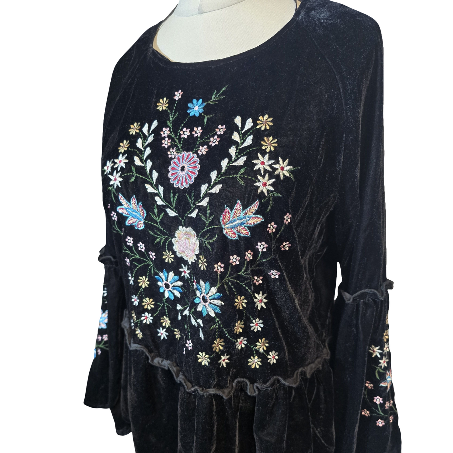 Tu Black Velvet Floral Embroidered Peplum Blouse – Size 12